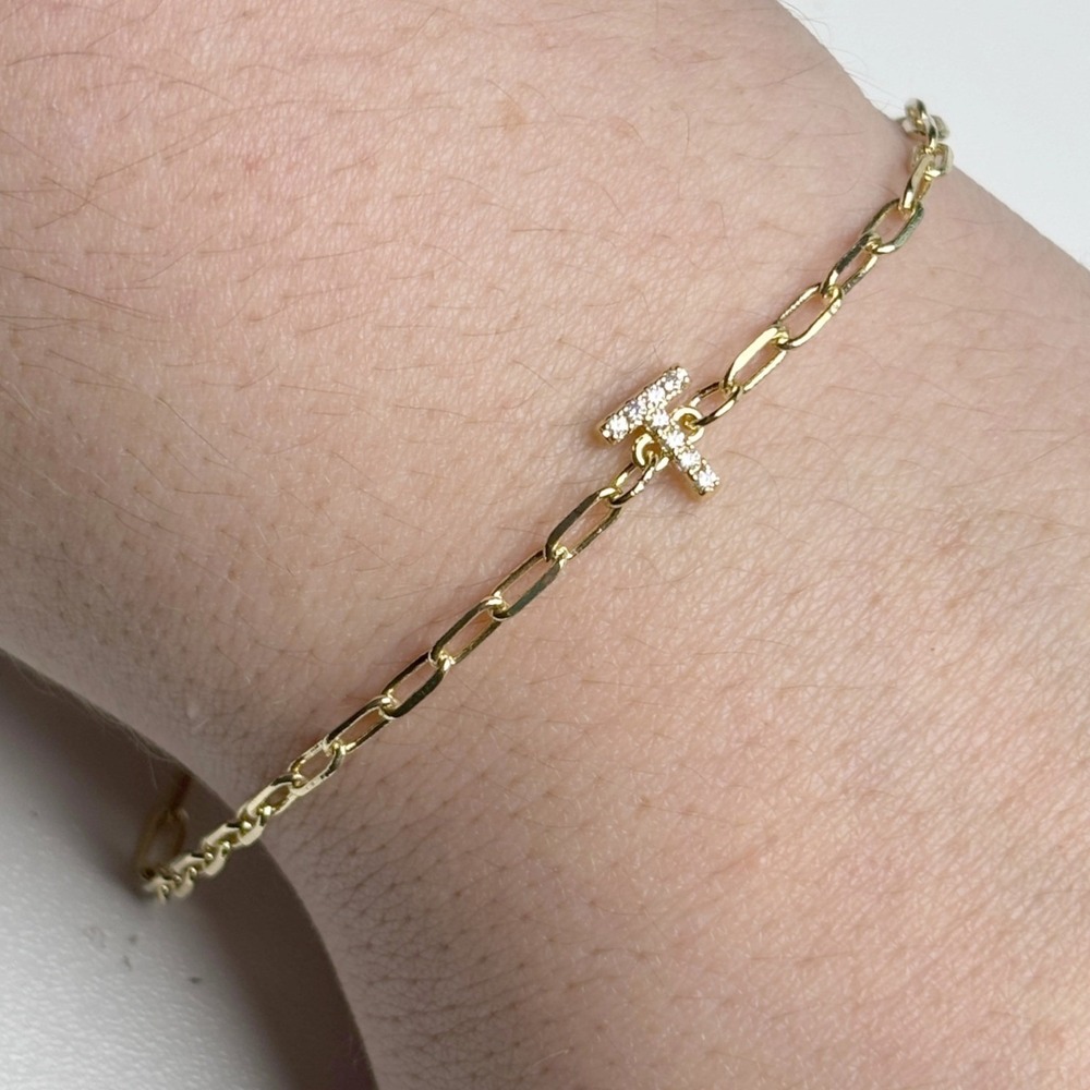 Gold Tone Initial T Paperclip Chain Bracelet Pave Rhinestone Adjustable‎ 8.25in